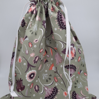 Drawstring bag - sage green background, lilac and purple flowers