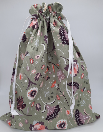 Drawstring bag - sage green background, lilac and purple flowers