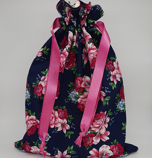 Drawstring bag - navy blue pink flowers